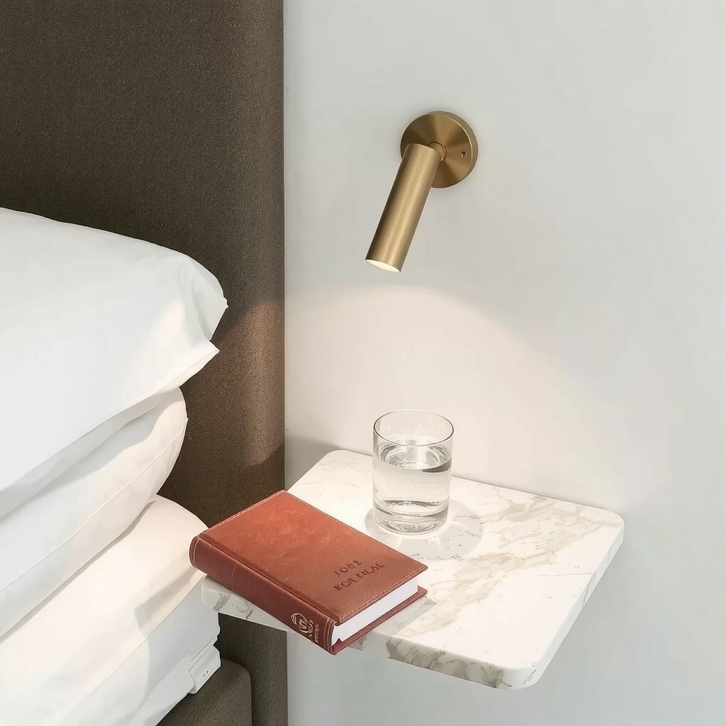 Wall mounted brass sconces beside a bed