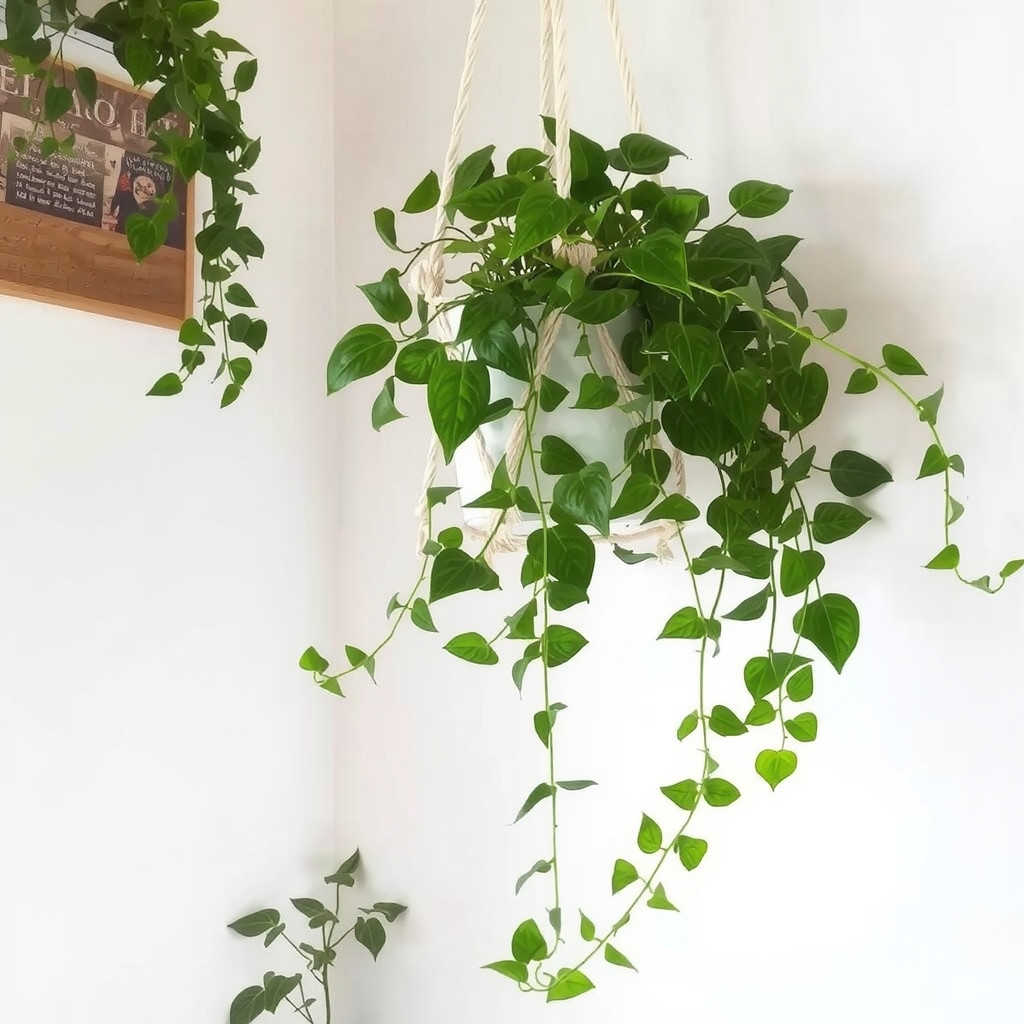 Hanging planter with trailing ivy in a bedroom corner