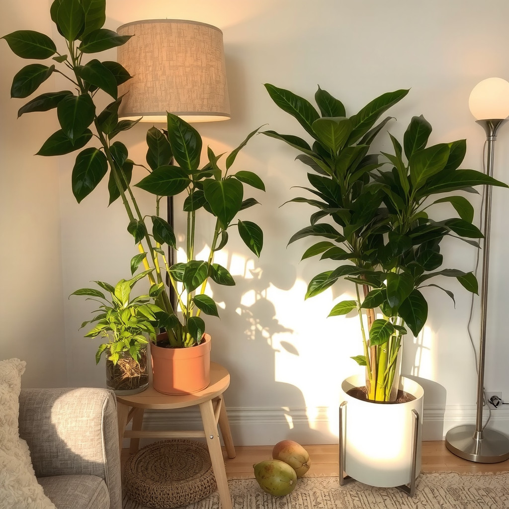 Warm lighting over indoor plants