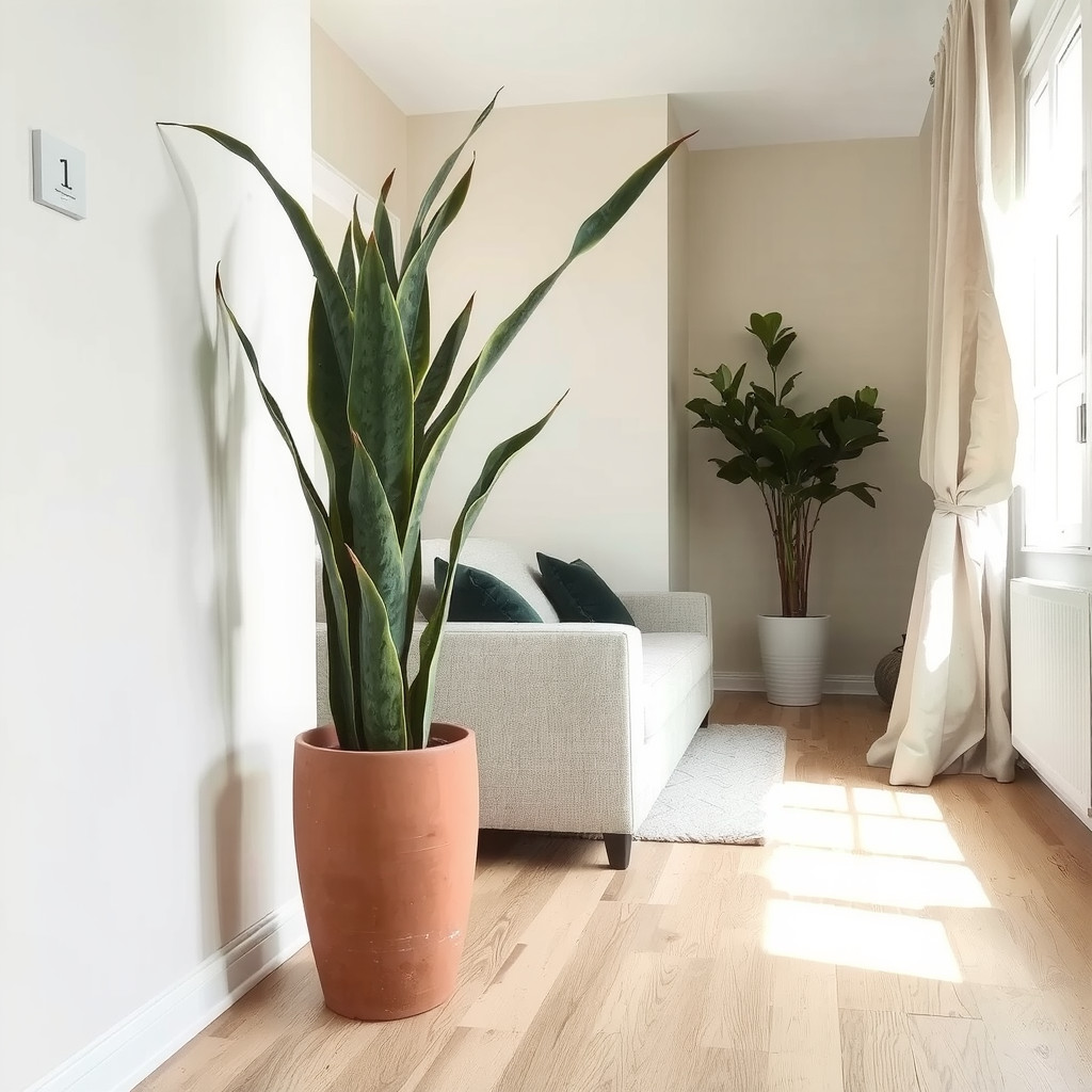 Tall snake plant defining a walkway beside a sofa