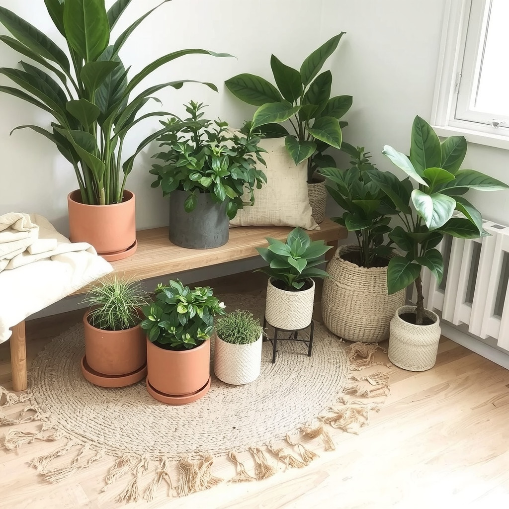 Assorted natural-textured planters and soft textiles around easy-care plants