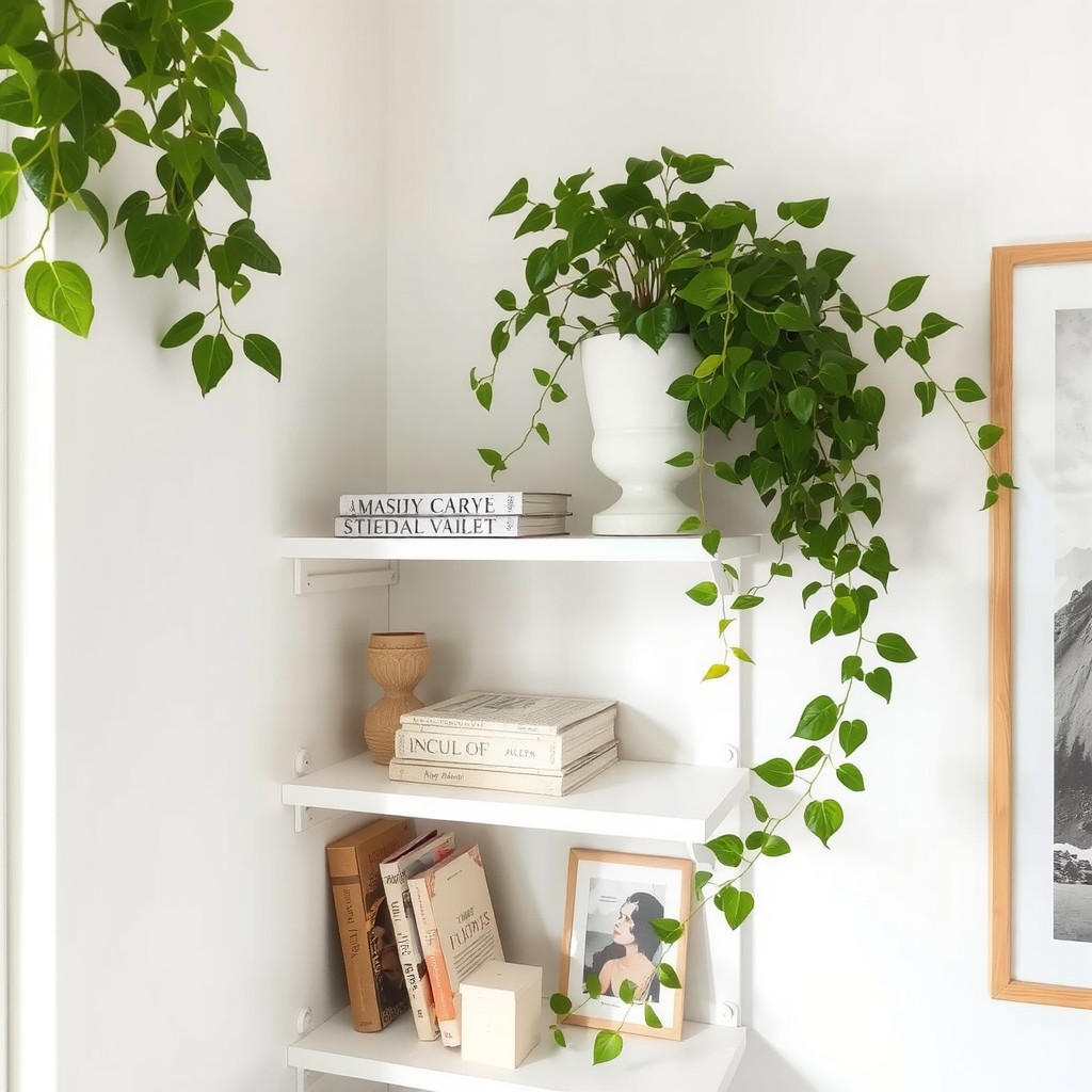 Trailing pothos used as a soft green focal point on a shelf