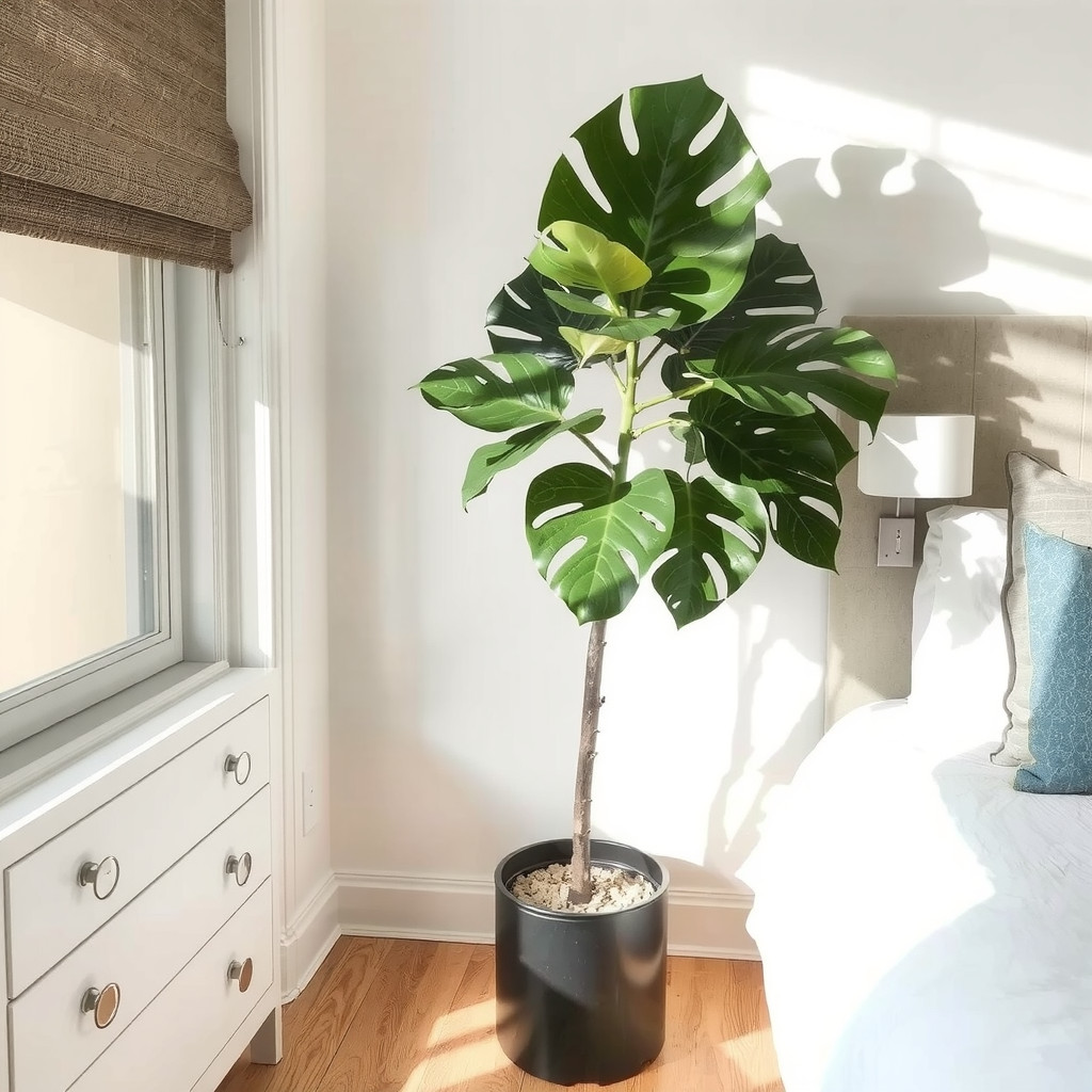 Tall potted plant anchoring a bedroom corner