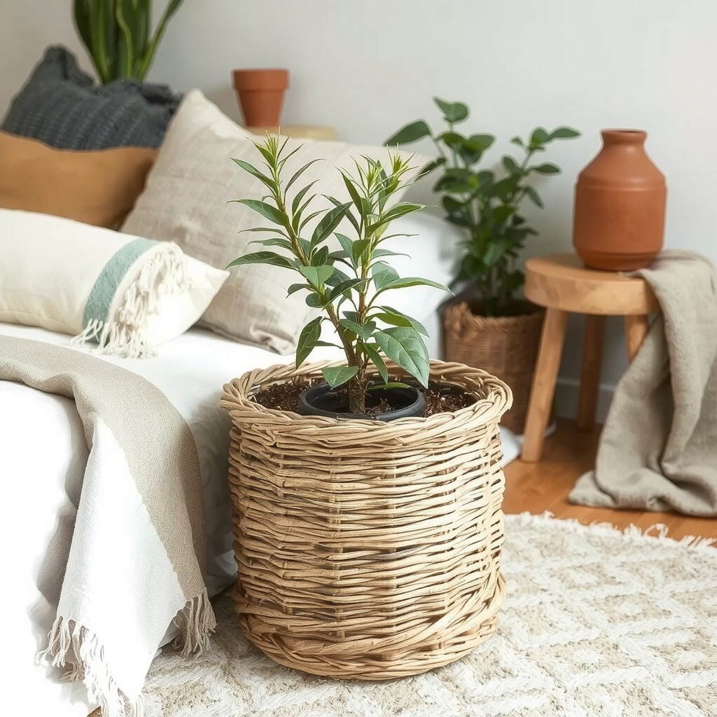 Woven basket planter with linen throw on bed