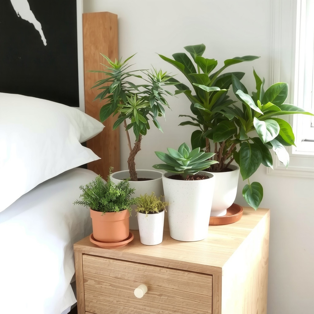 Clustered plant trio on low wooden dresser