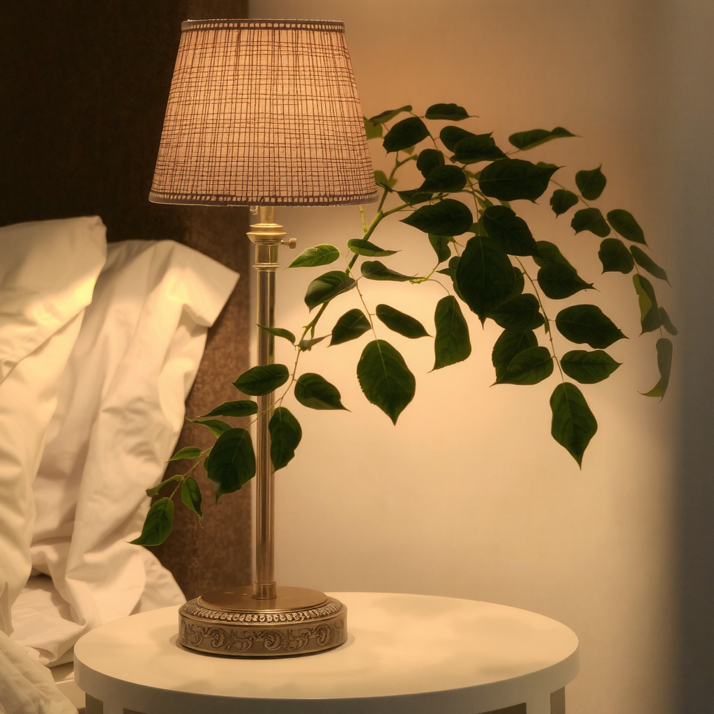 Warm bedside lamp illuminating a leafy plant