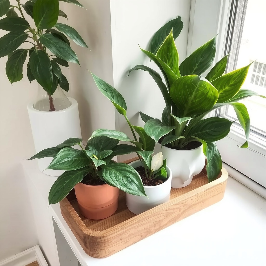 Assorted low-light bedroom plants on a wooden tray
