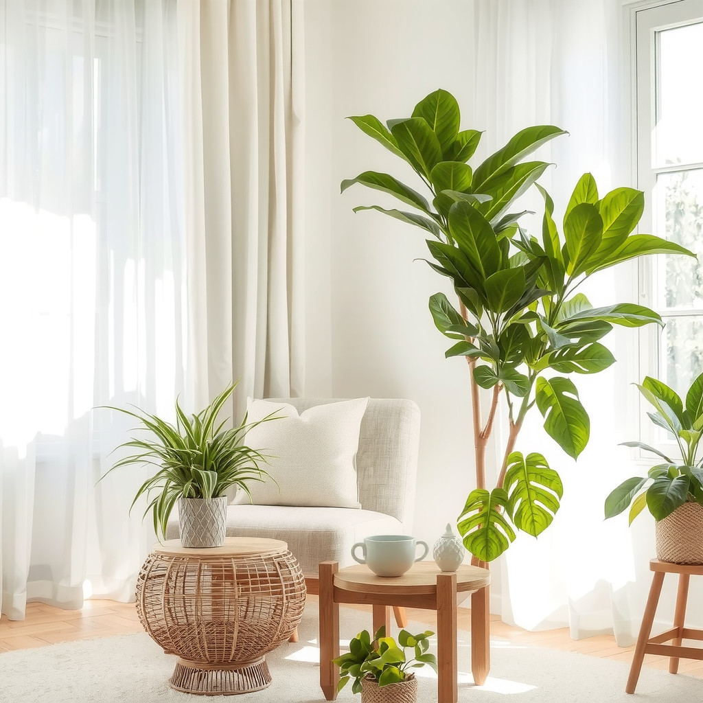 Living room window with layered plants and soft light