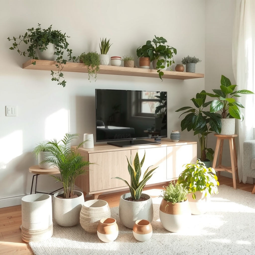 Assorted plants on shelves and tables
