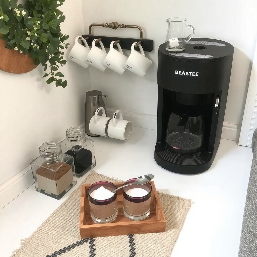 A dedicated coffee station corner with a matte black espresso machine, ceramic mugs on hooks, a small wooden tray, and a textured runner rug on light flooring.