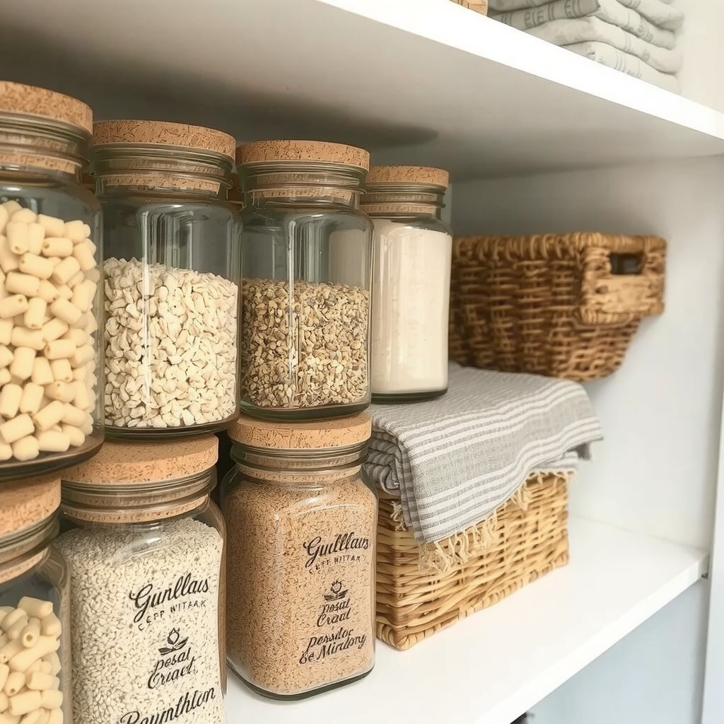 Close-up detail of a pantry shelf showcasing rows of clear glass canisters with cork lids, interspersed with hand-woven rattan baskets and folded linen tea towels.