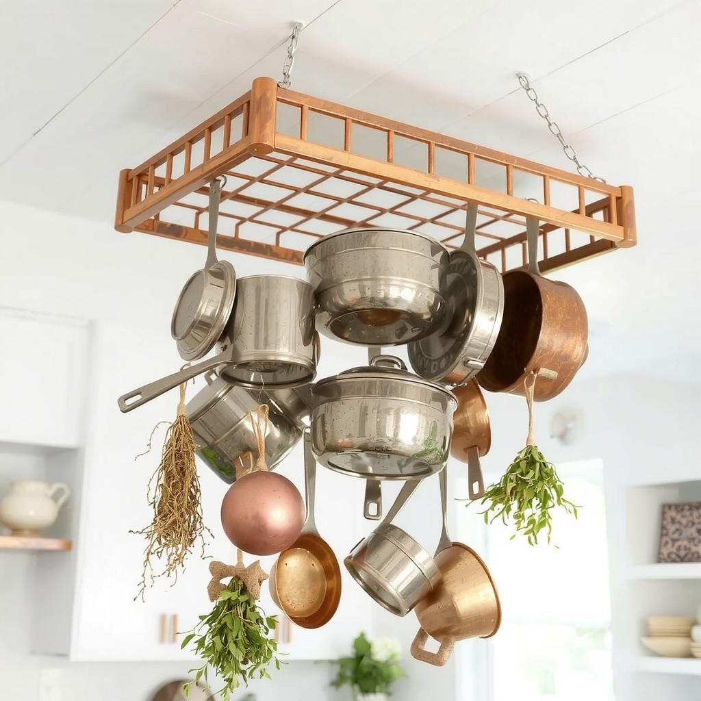 A ceiling-mounted copper pot rack suspended over a kitchen island, displaying gleaming cookware and dried herbs, acting as a functional centerpiece against a soft white ceiling.