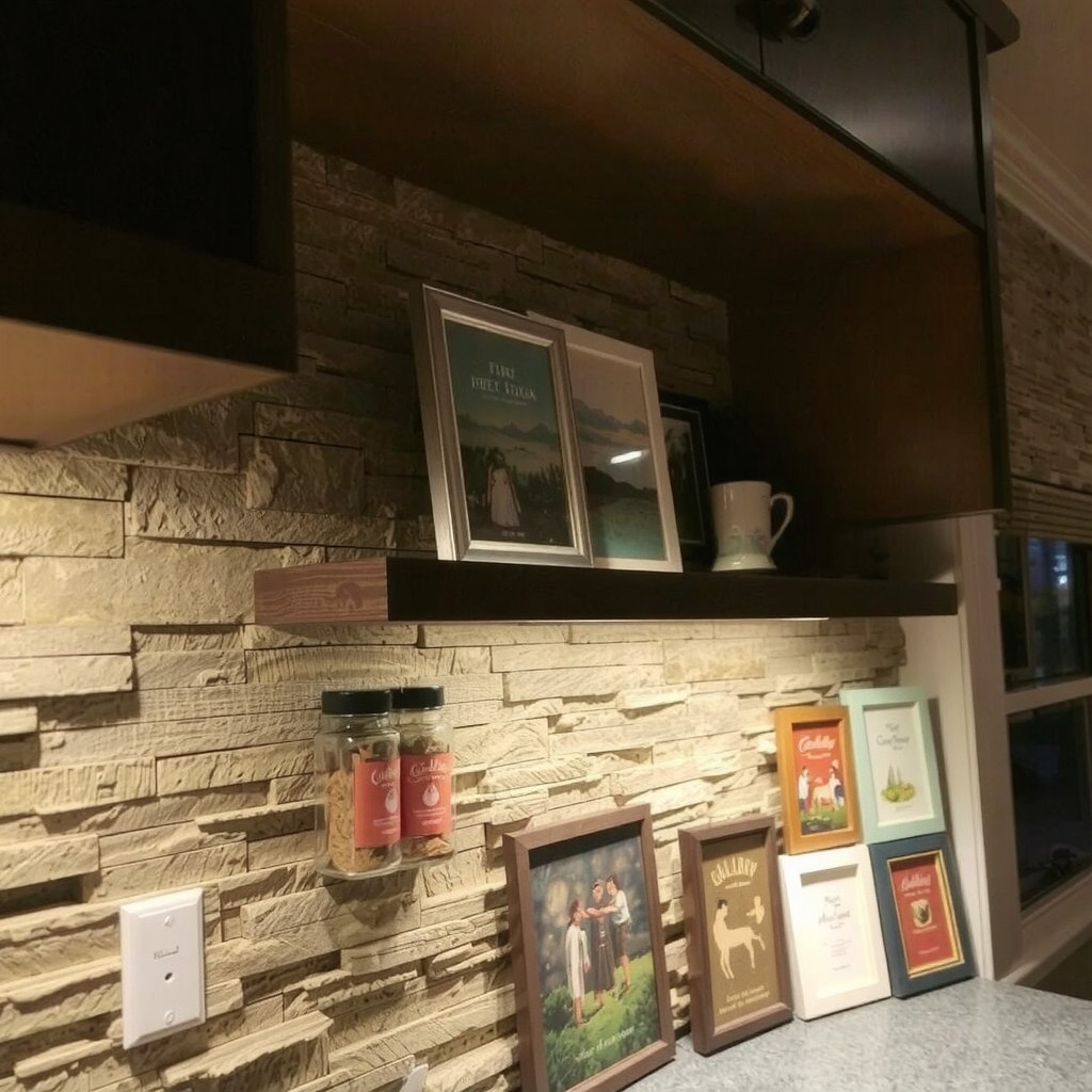 Under-cabinet LED lighting casting a warm glow onto a backsplash shelf holding spice jars and small art frames, highlighting textures of stone and wood in a dimly lit evening setting.