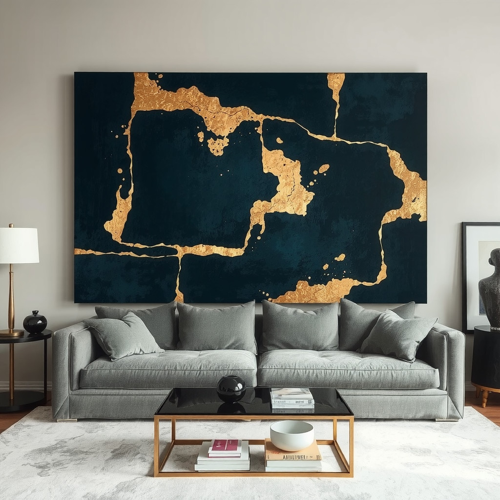 Oversized abstract art behind sofa
