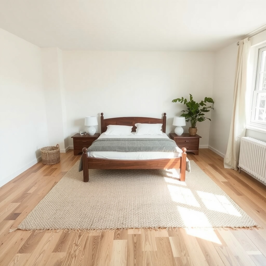 A well-balanced bedroom layout with a low-profile walnut bed centered on a large woven sisal rug, ample negative space around furniture to promote flow, soft cream walls, and natural sunlight illuminating the smooth wooden floorboards from a side window.