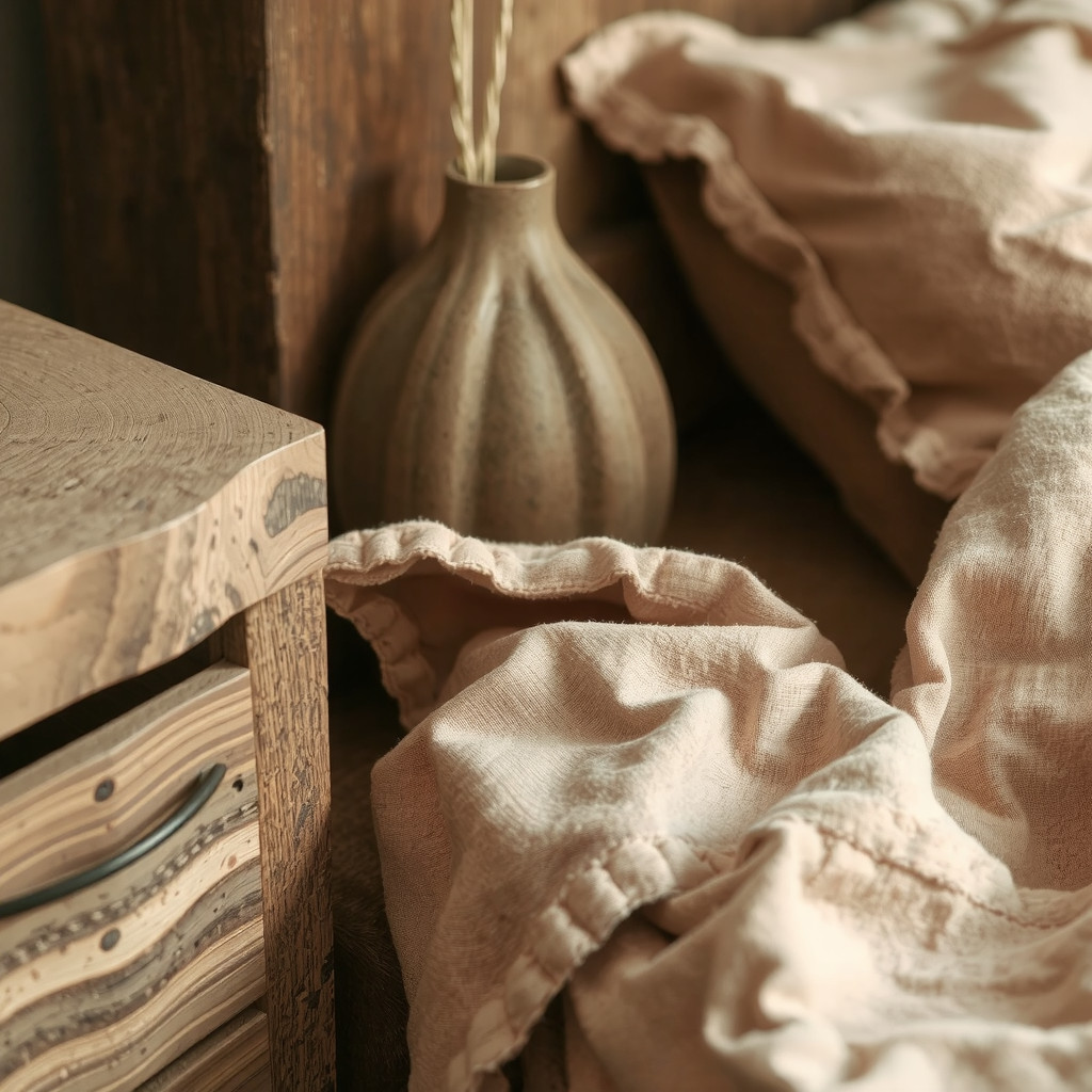 An intimate close-up focusing on rich organic textures, showcasing the interplay between rough-hewn timber of a nightstand, the soft crumble of stonewashed linen bedding in terracotta, and a smooth ceramic vase, captured with natural soft focus.