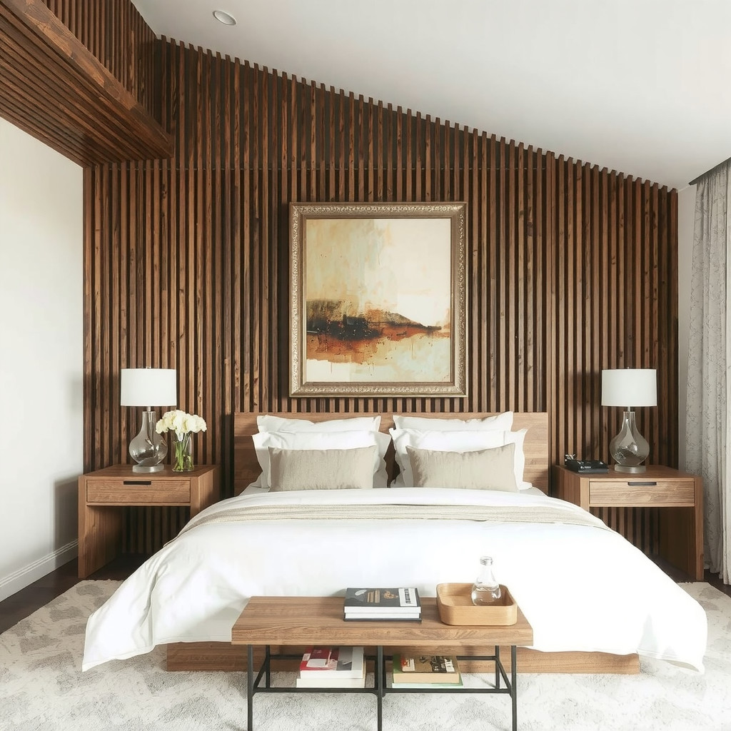 A dramatic focal point in a master bedroom consisting of a floor-to-ceiling wooden slat wall behind the bed, contrasting with smooth white bedding, accented by a large abstract canvas in earth tones, modern rustic aesthetic.
