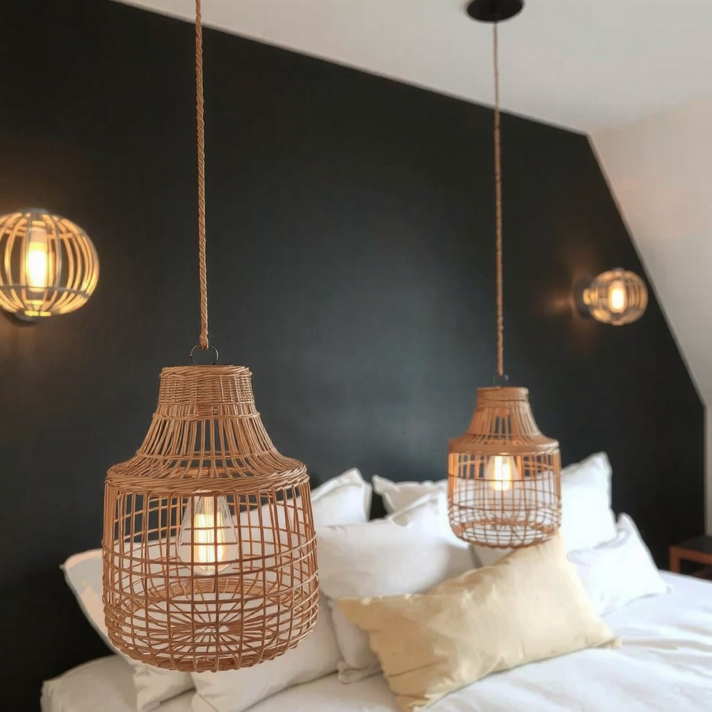 Atmospheric bedroom lighting featuring a pair of hanging wicker pendant lights on either side of the bed, emitting a soft amber glow against a dark charcoal feature wall, creating a cozy and intimate evening mood.