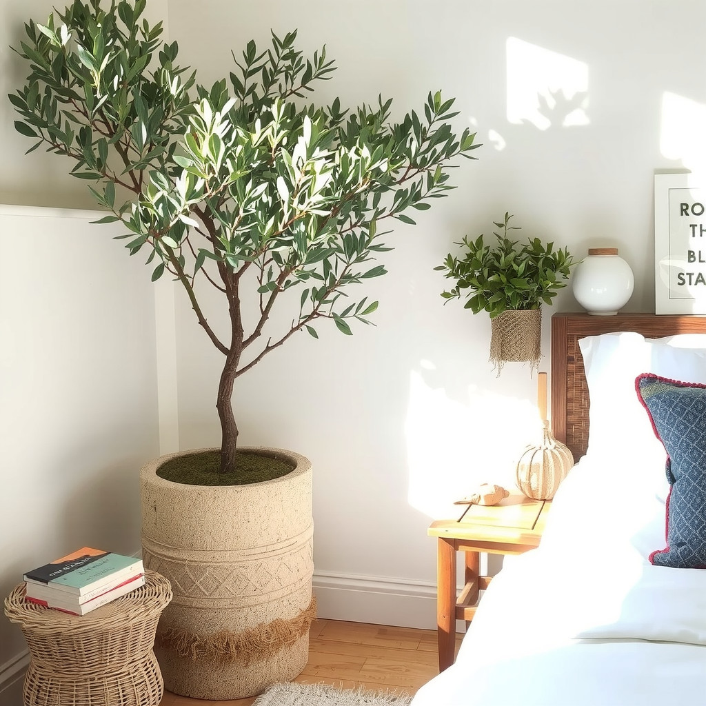 A vibrant biophilic bedroom corner featuring a tall olive tree in a weathered stone pot, sitting beside a rattan reading chair and a small stack of books, bathed in bright morning light for a fresh, revitalizing feel.