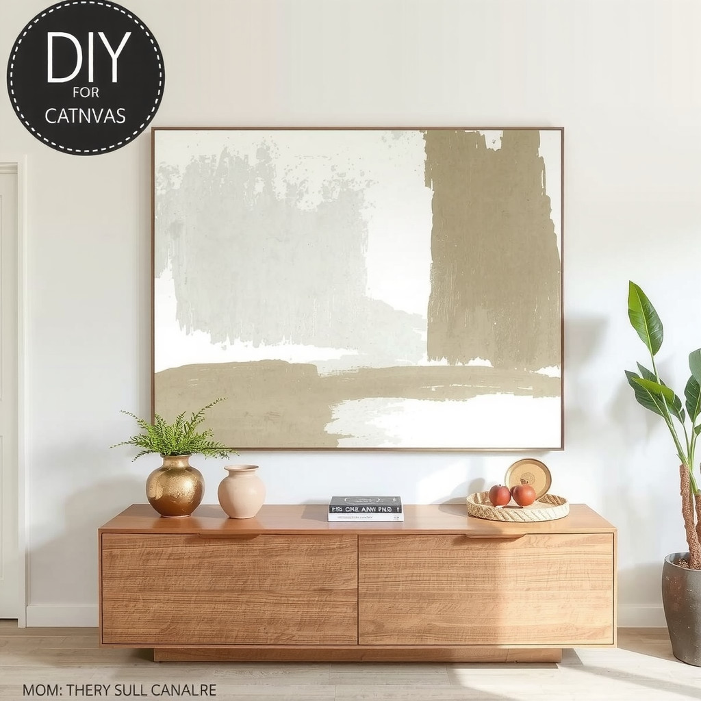 A large abstract art piece above a console