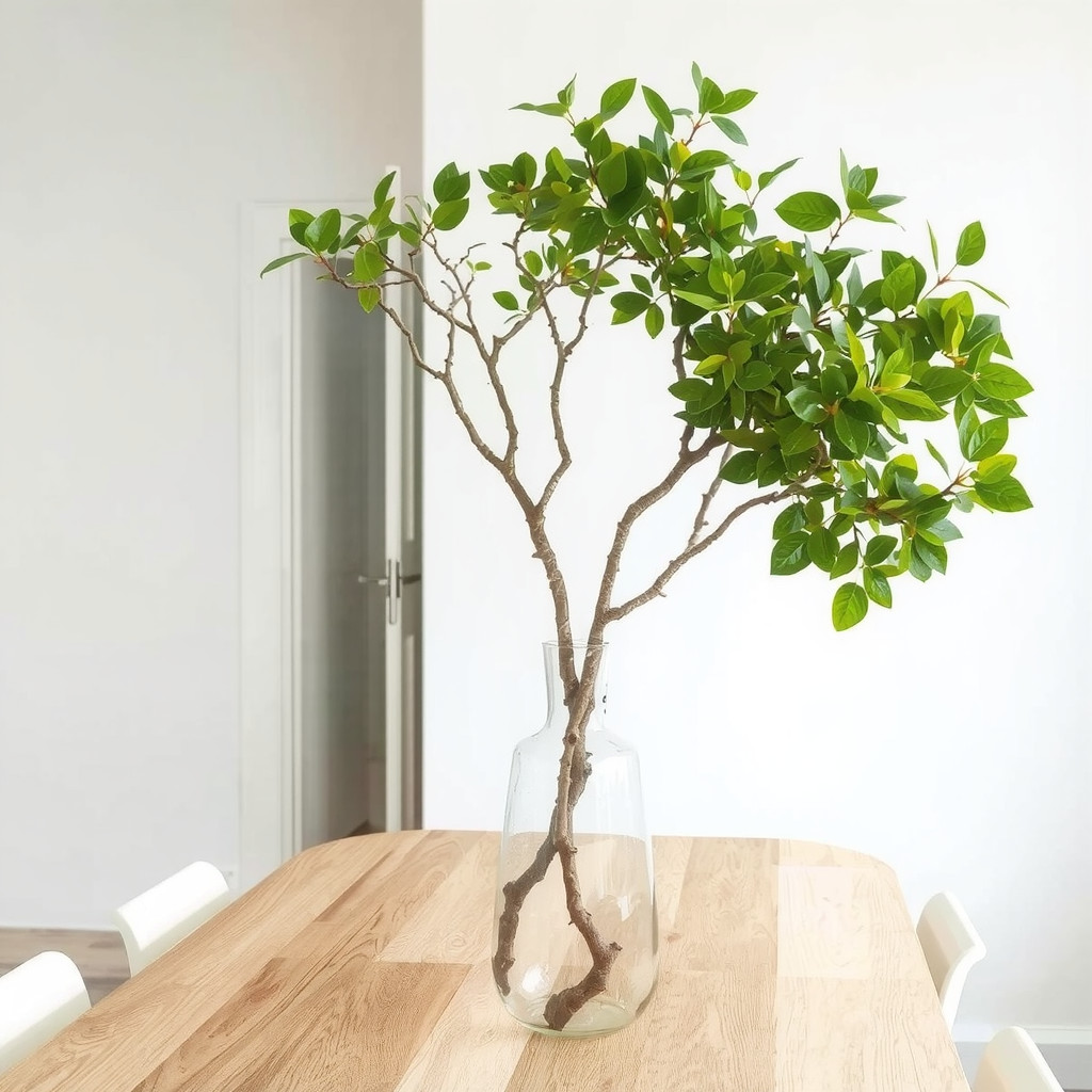 A vase with tall branches on a table