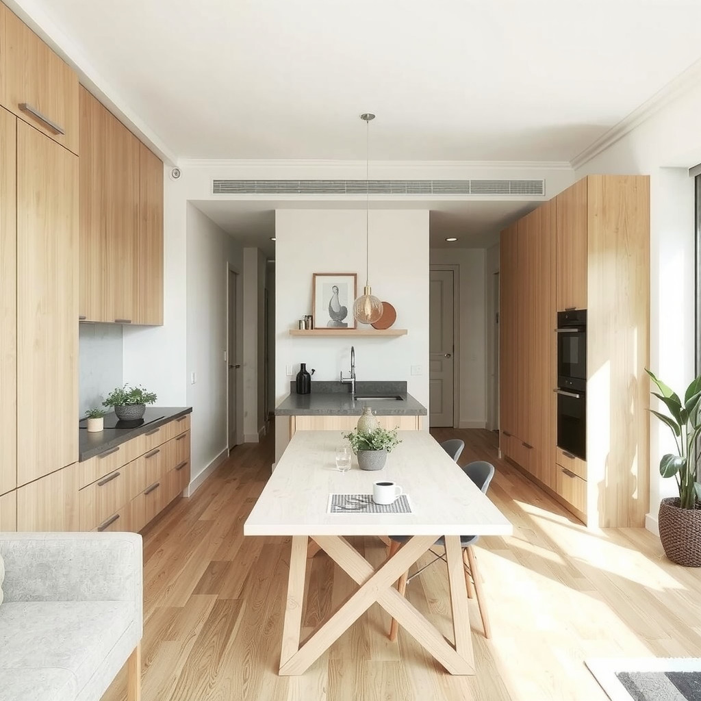 Open plan small apartment with floating furniture arrangement