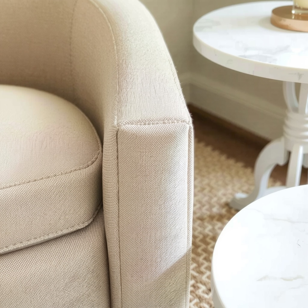 Close up of textured bouclé fabric and smooth marble surfaces