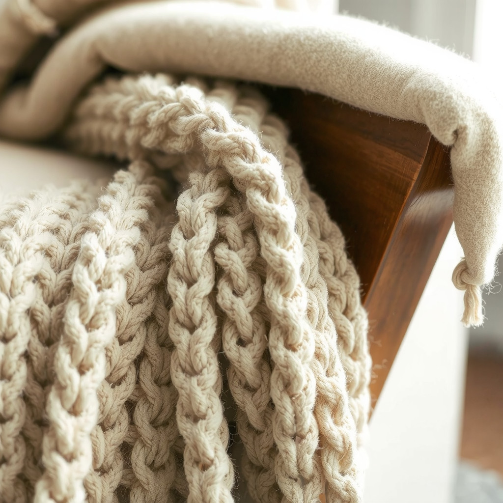 Close up of textured fabrics and natural wood