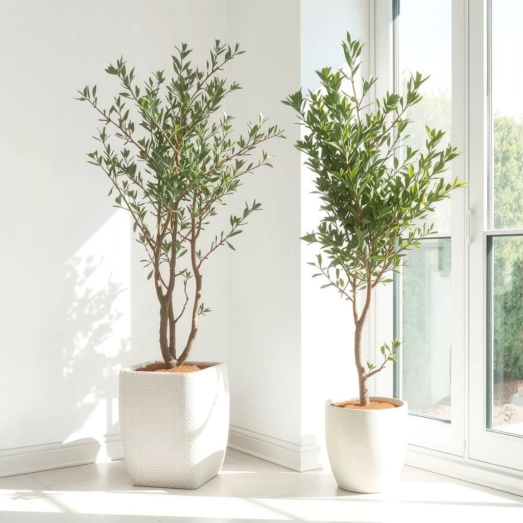Potted olive tree in a sunlit corner