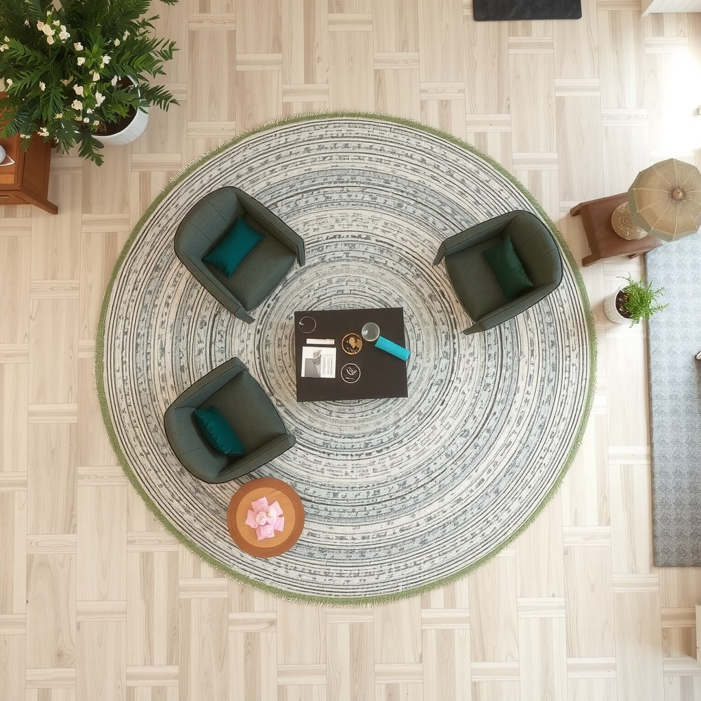 An overhead perspective of a spacious living area showing a circular furniture layout with two facing armchairs and a low-profile sofa on a large textured wool rug, demonstrating open flow and negative space on light oak herringbone flooring, designed for easy conversation and movement.