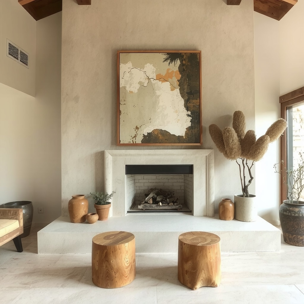 A stunning focal point featuring a floor-to-ceiling limewash fireplace in a warm beige tone, adorned with a large abstract painting in earth tones, flanked by rustic wooden stools, anchoring the room with a sense of stability and refined artistic flair.