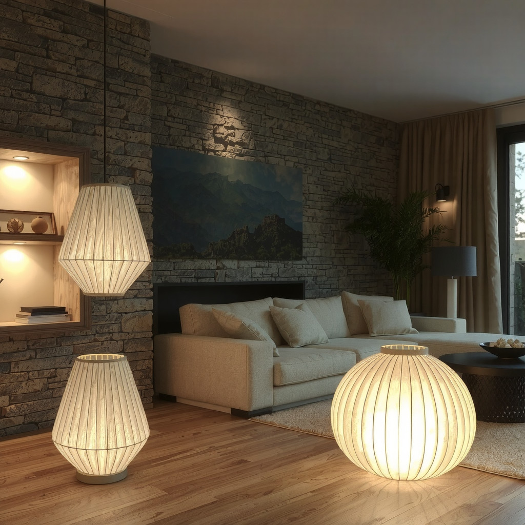 An ambient evening setting in a living room lit by a sculptural paper floor lamp and recessed warm shelving lights, creating a cozy and intimate mood that highlights the textures of the stone walls and soft furniture silhouettes against the dusk.