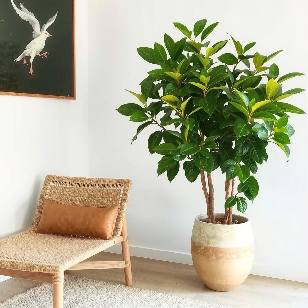 A bright corner vignette showcasing a large potted Ficus Audrey in a hand-thrown ceramic planter placed next to a woven leather lounge chair, bringing vibrant life and a connection to nature into the neutral interior scheme with lush green leaves.