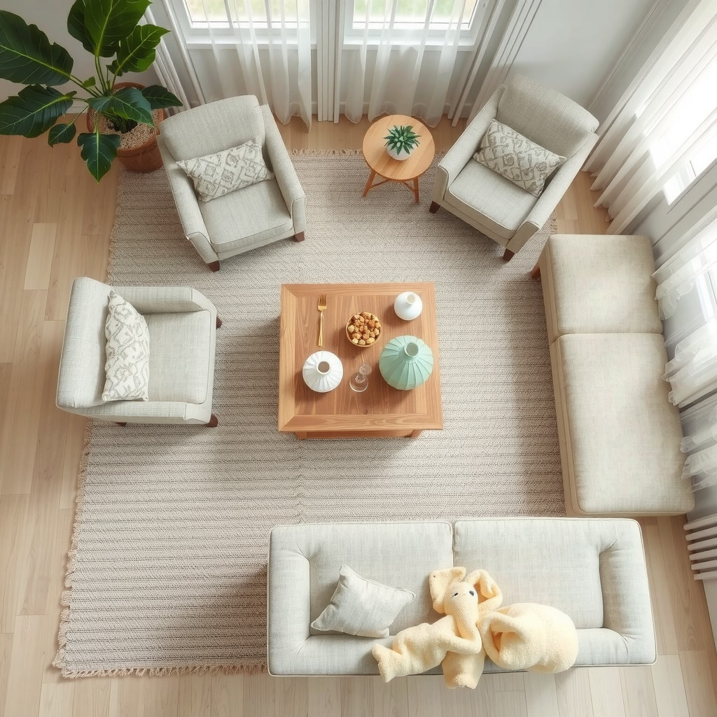 Living room layout with curved sofa