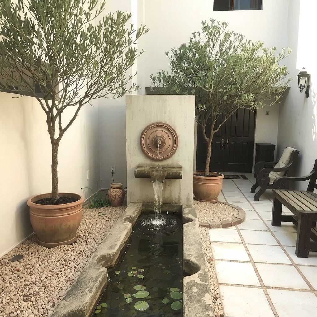 A modern wall-mounted fountain in a courtyard