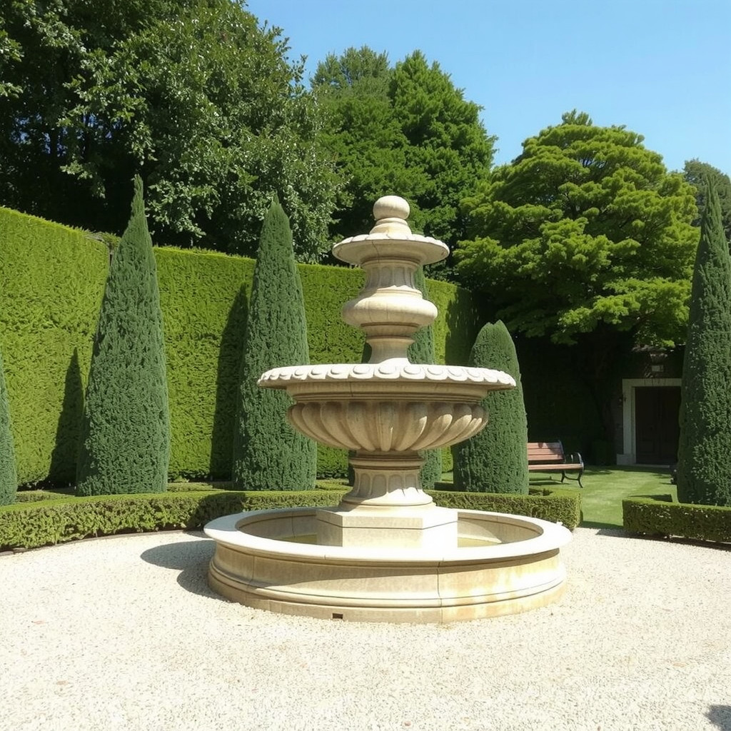 A classic three-tier fountain in a formal garden