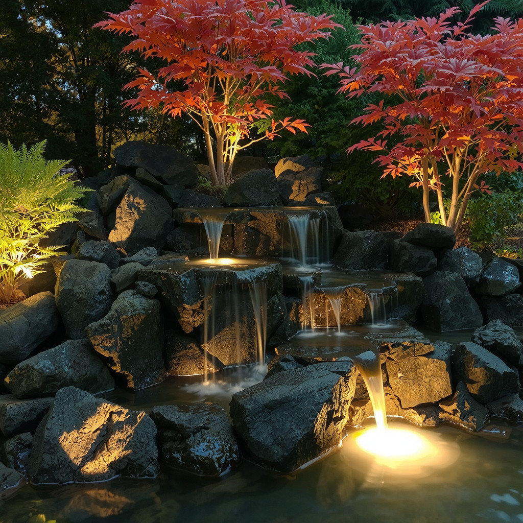 Illuminated waterfall at night