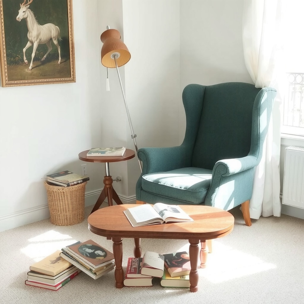 A cozy reading nook with an angled armchair and asymmetrical rug layout