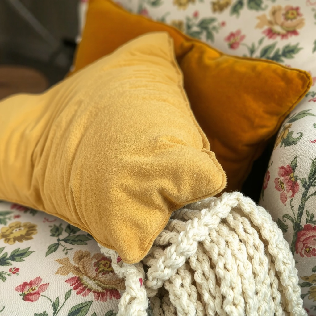 Close up of texture contrast with a mustard velvet cushion on a floral armchair