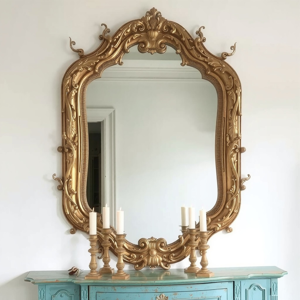 An ornate gold mirror shaped like twisting vines above a vintage console table