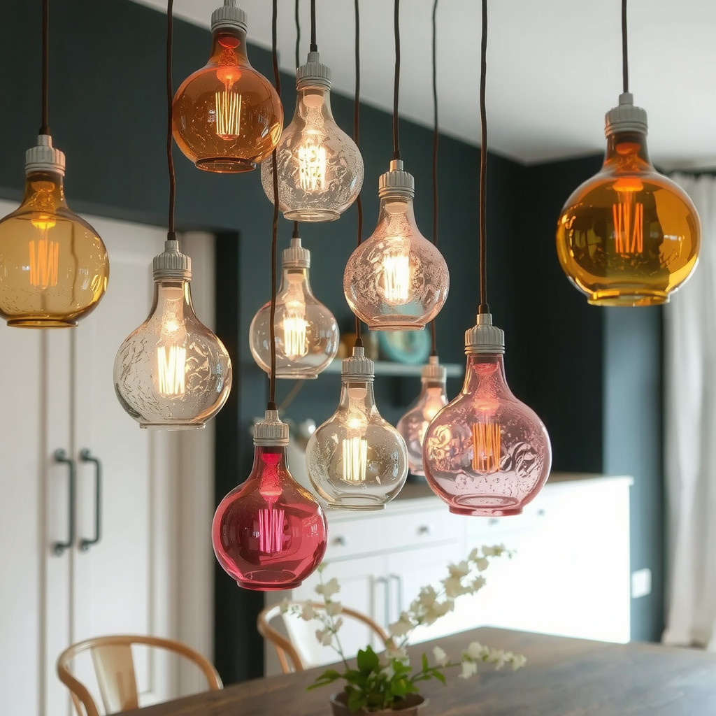 A cluster of colorful glass pendant lights hanging at different lengths