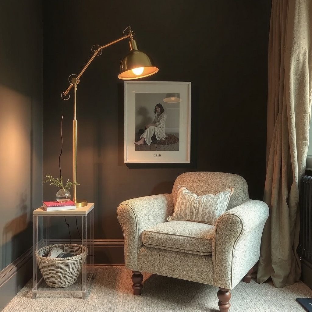 Cozy reading nook with warm lighting