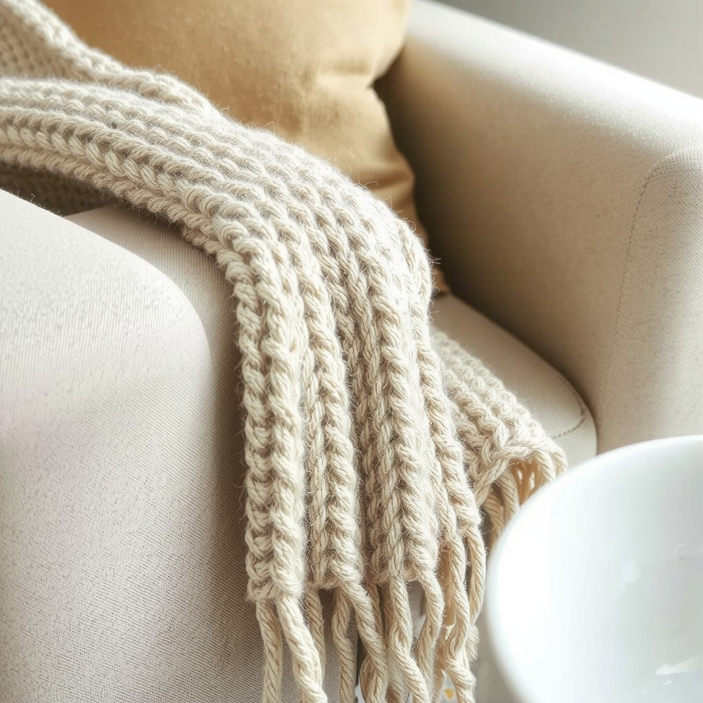 A close-up detail shot of a textured armchair