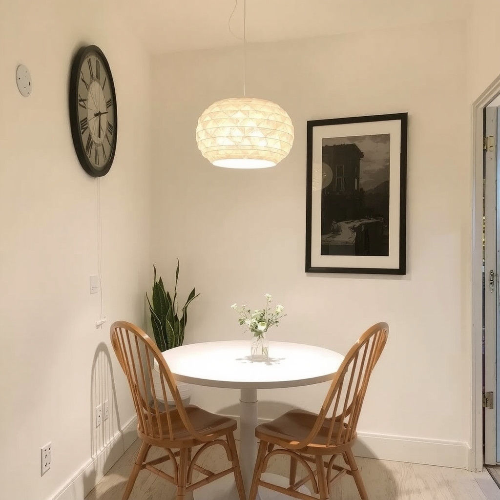 An evening interior scene of a small dining nook