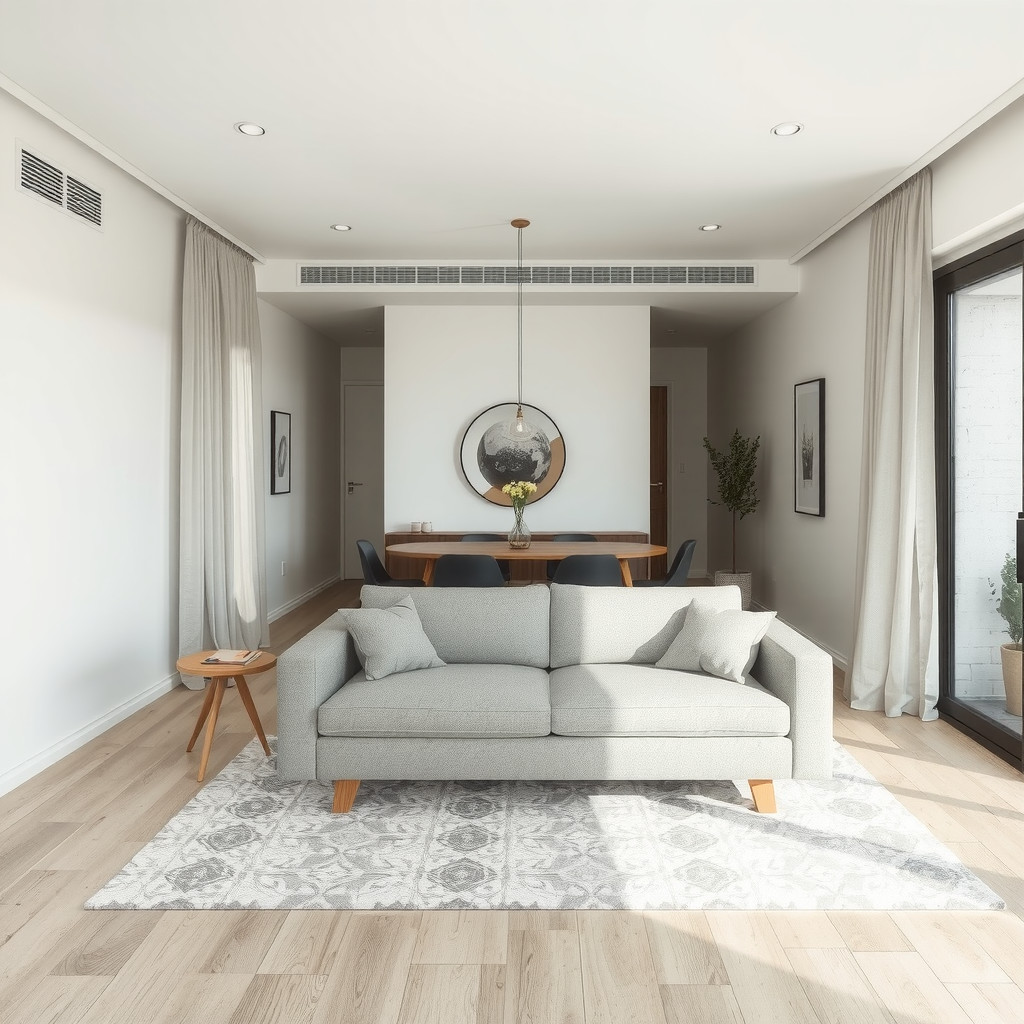 Open concept small living and dining area with floating furniture arrangement