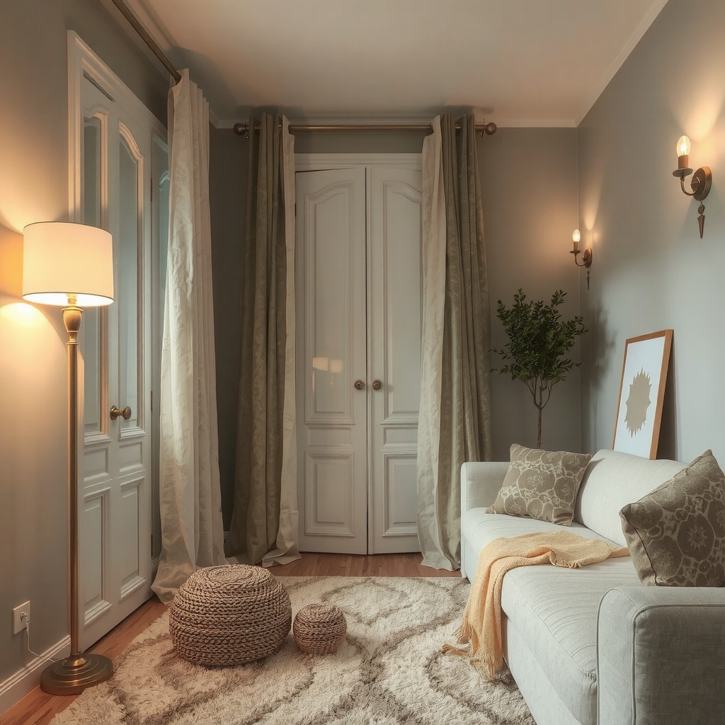 Cozy evening minimalist living room illuminated by warm floor lamp