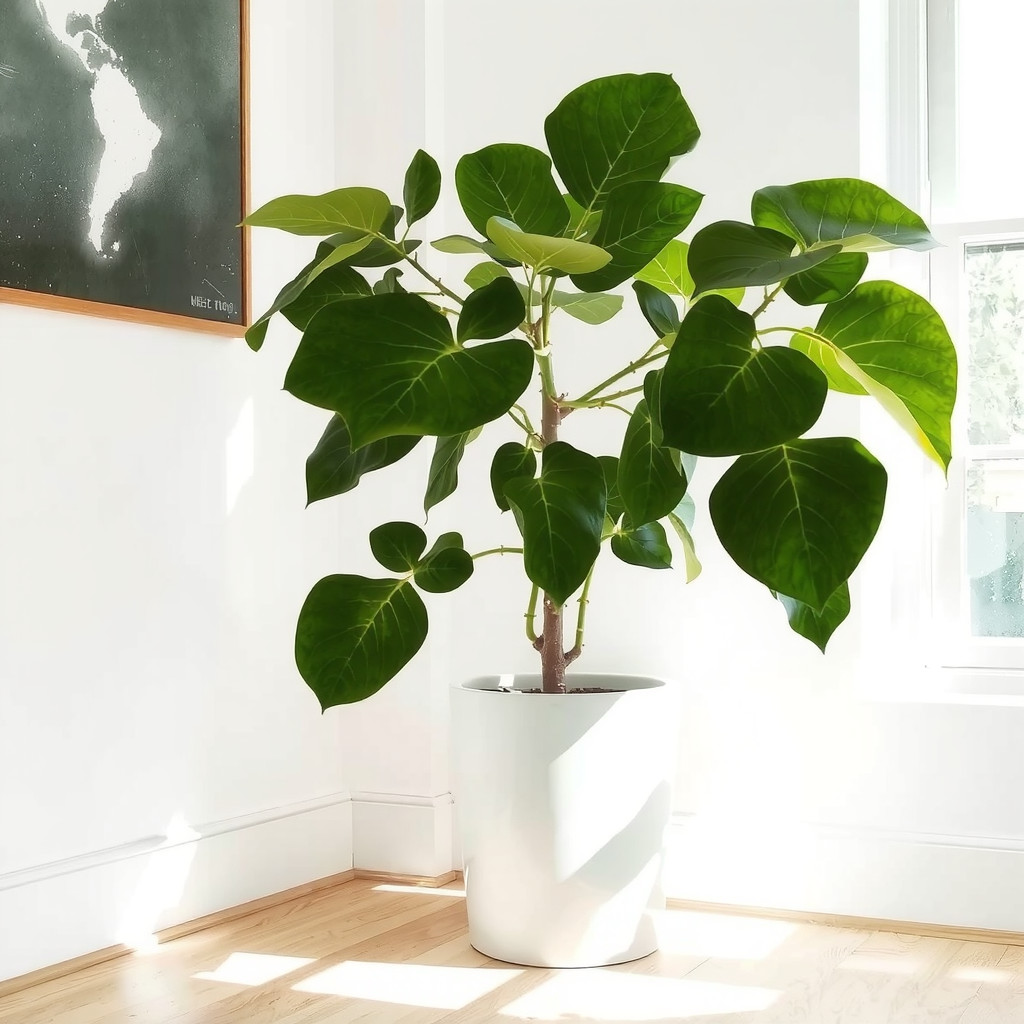 A large potted fiddle leaf fig plant near a bright window