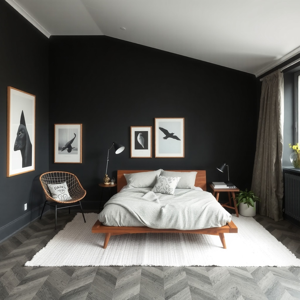 A spacious bedroom layout with a low profile bed