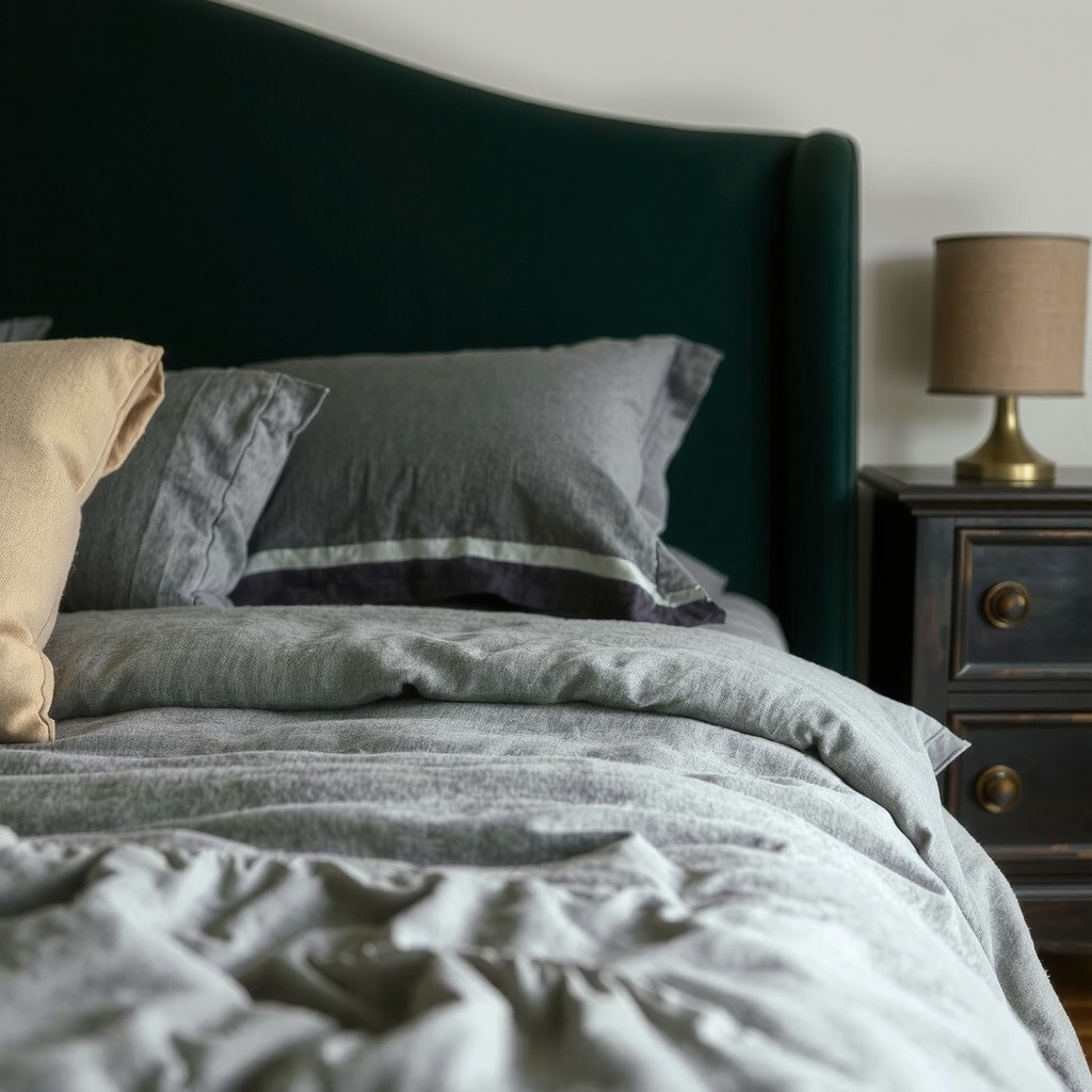 Rich velvet and linen textures in a dark bedroom