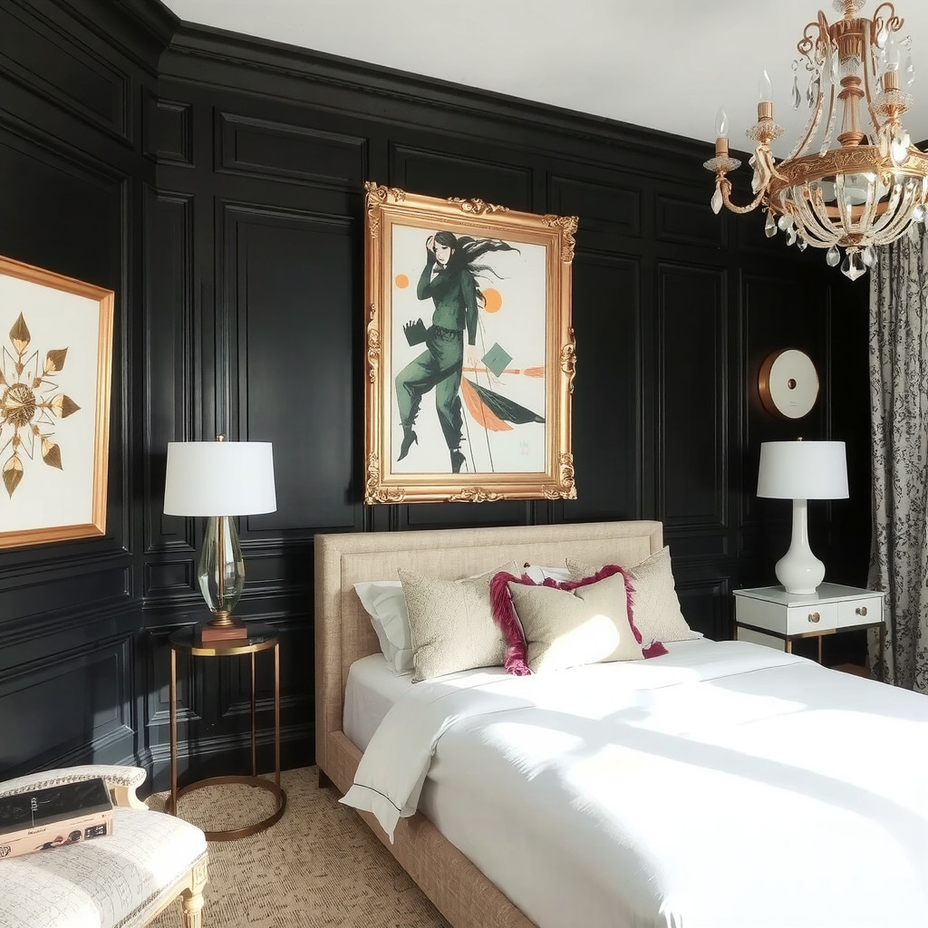 A dramatic black wall with wainscoting and art